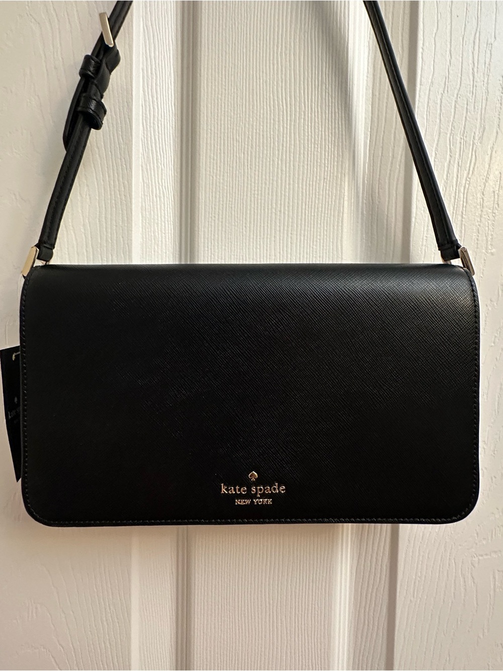 kate spade Black Leather Flap Crossbody with Gold Logo